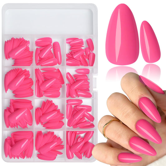 LoveOurHome 360pc Almond Press on Nails Medium Fake Nails Glue on Almond Nail Tips Full Cover Colored Fase Nail Hot Pink Acrylic Nails Press ons Nail Almond with Glue Adhesive Tabs for Women Girls