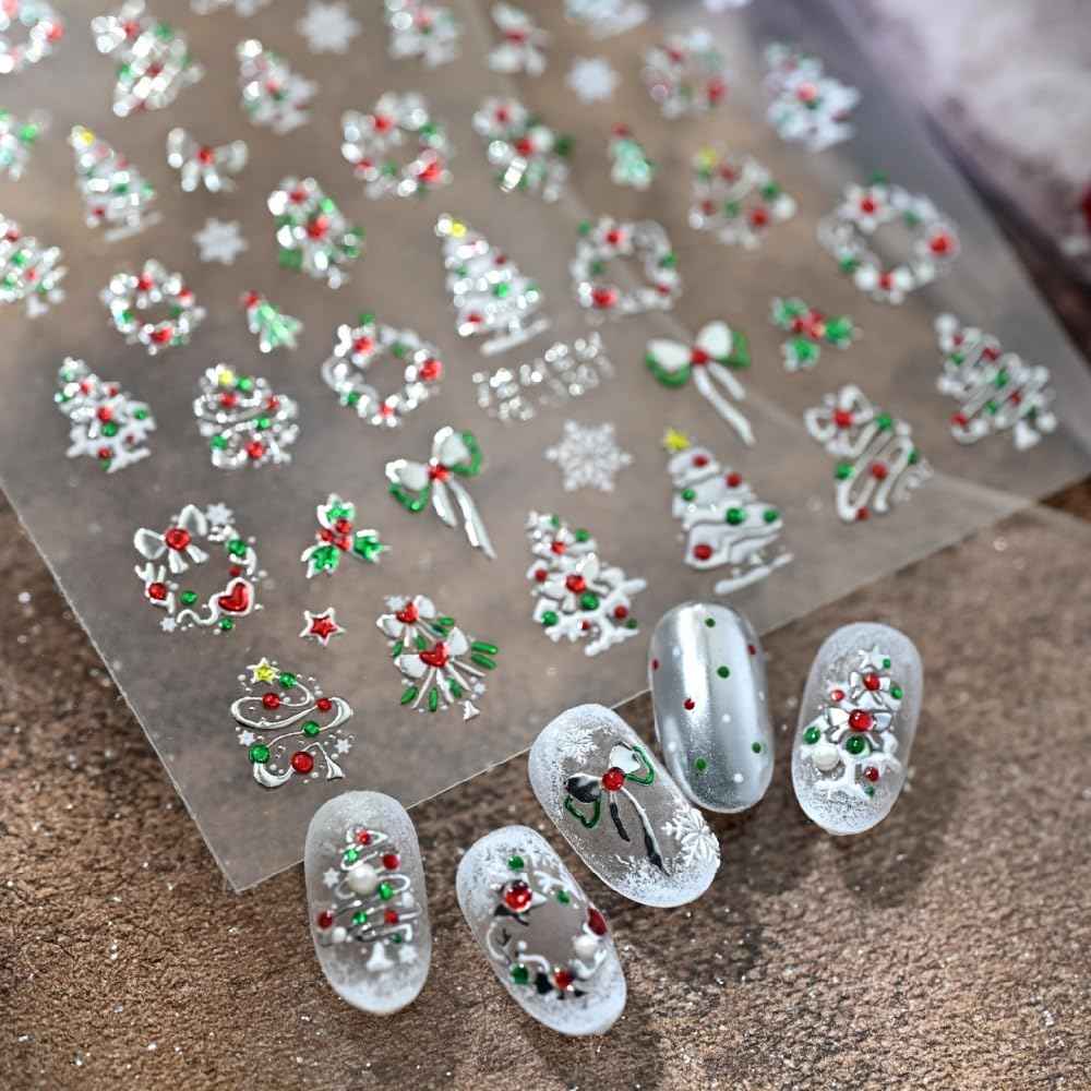 Christmas Nail Stickers 5D Embossed Metallic Silver Nail Decals 3D Self Adhesive Garland Christmas Tree Nail Art Suppies Winter Xmas Cute Bow Snowflake Nail Designs for Women DIY Acrylic Nails 1 Sheet