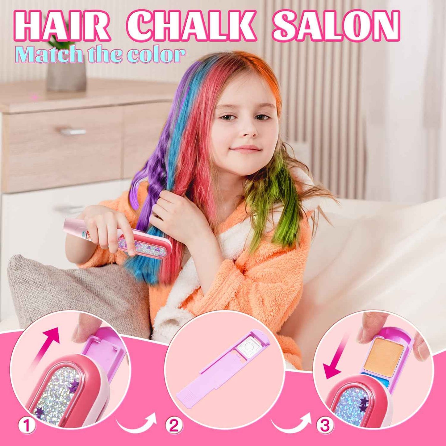 Temporary Hair Chalk with Hair Gem Stamper Kit, Hair Styling Tool with REUSABLE Shining Diamonds, Washable Hair Chalk Hair Color Dye for Girls, Toys Gifts for Girls 3 4 5 6 7-12