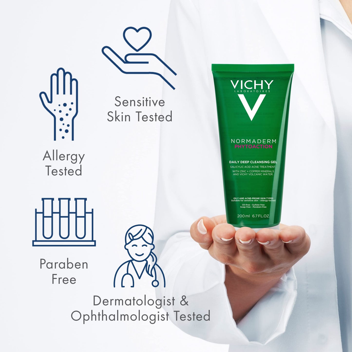 Vichy Normaderm Daily Acne Face Wash | 0.5% Salicylic Acid Cleanser | Gel Cleanser For Oily Skin | Removes Excess Oil, Dirt & Clogged Pores | Oil Free Acne Wash | Soap & Sulfate Free | Non-Drying