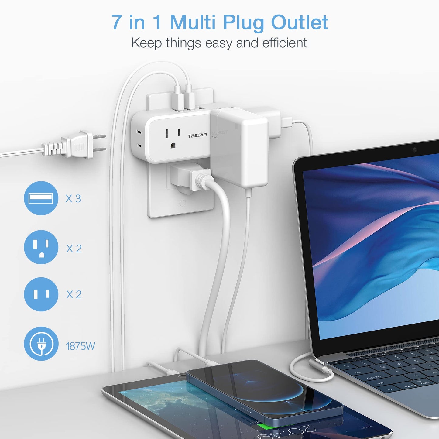 Multi Plug Outlet Splitter with USB, TESSAN 4 Electrical Multiple Outlet Extender with 3 USB Ports, Mini Double Plug Expander Surge Protector for Home, Office, Kitchen, Dorm Essentials, White