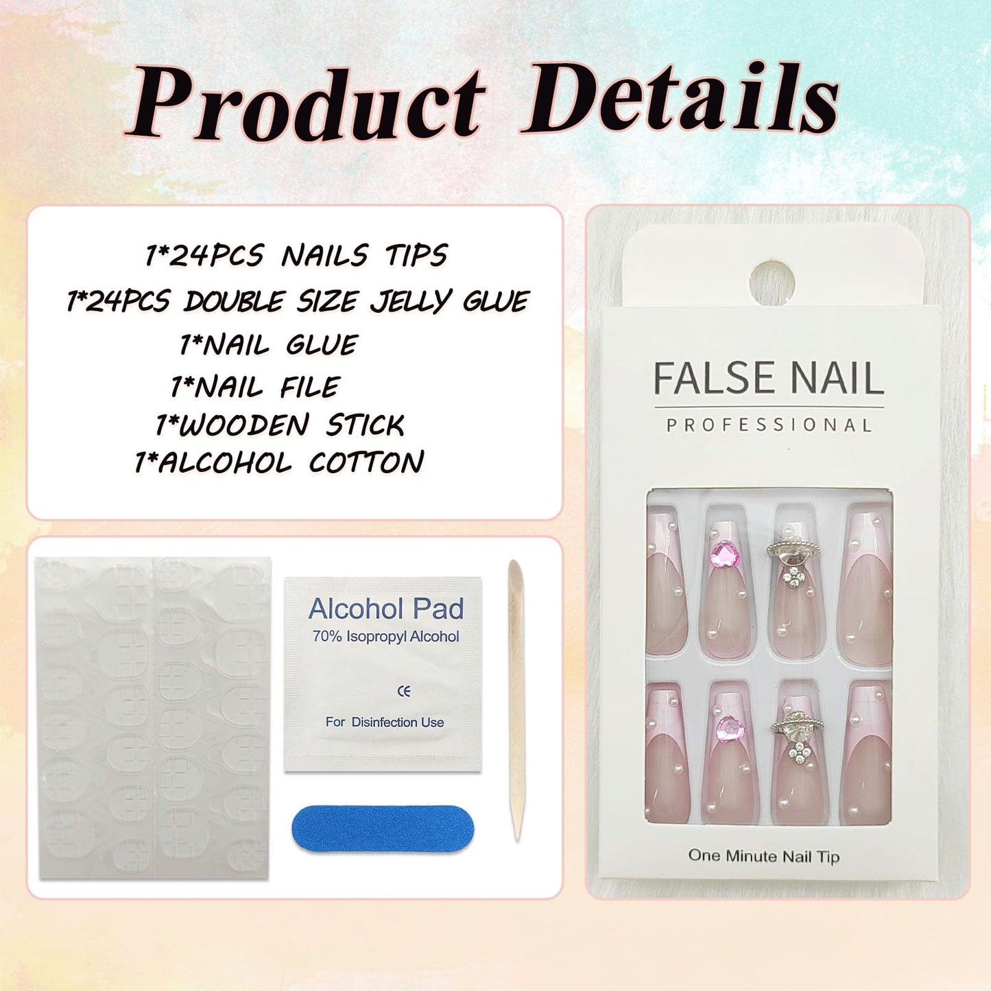 Pink French Tip Press on Nails Long Coffin False Nails Valentines Heart Exquisite Fake Nails Nude Translucent Acrylic Nails Pearls and Big Rhinestones Glue on Nails for Women 24Pcs