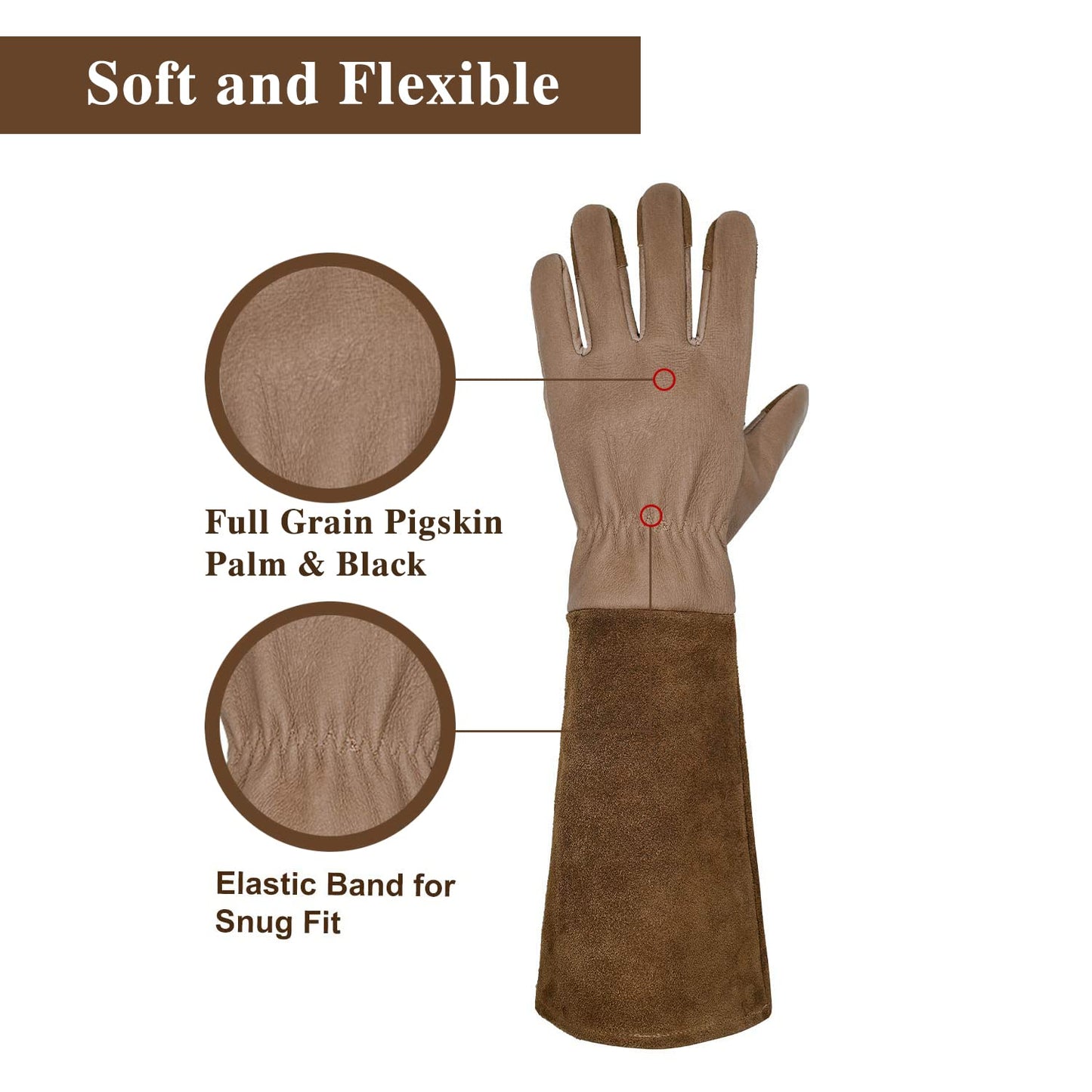 HANDLANDY Long Gardening Gloves for Men & Women, Cowhide Leather Rose Pruning Gloves- Breathable & Durable Gauntlet Gloves (Small, Brown)