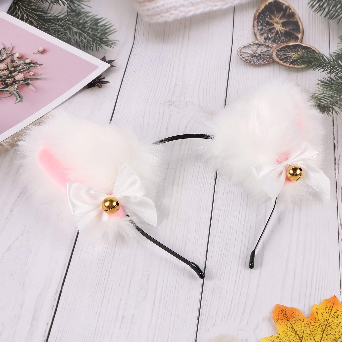 Faux Furry Anime Faux Fur Fox Ear Headband with Bells, Plush Neko Cosplay Accessory for Halloween Costume Party Fancy Dress (White-Pink)