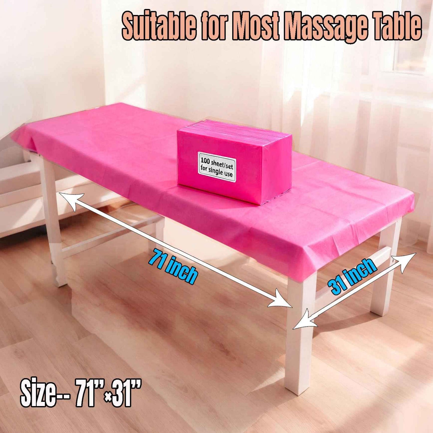 SHENKUAI 100 PCS Massage Table Sheets Disposable Spa Table Bed Covers 71"x31" Non Woven Fabric Waterproof Protector for Waxing, Tattoo, Beauty Salon,Facial, Esthetician Supply(Pink)