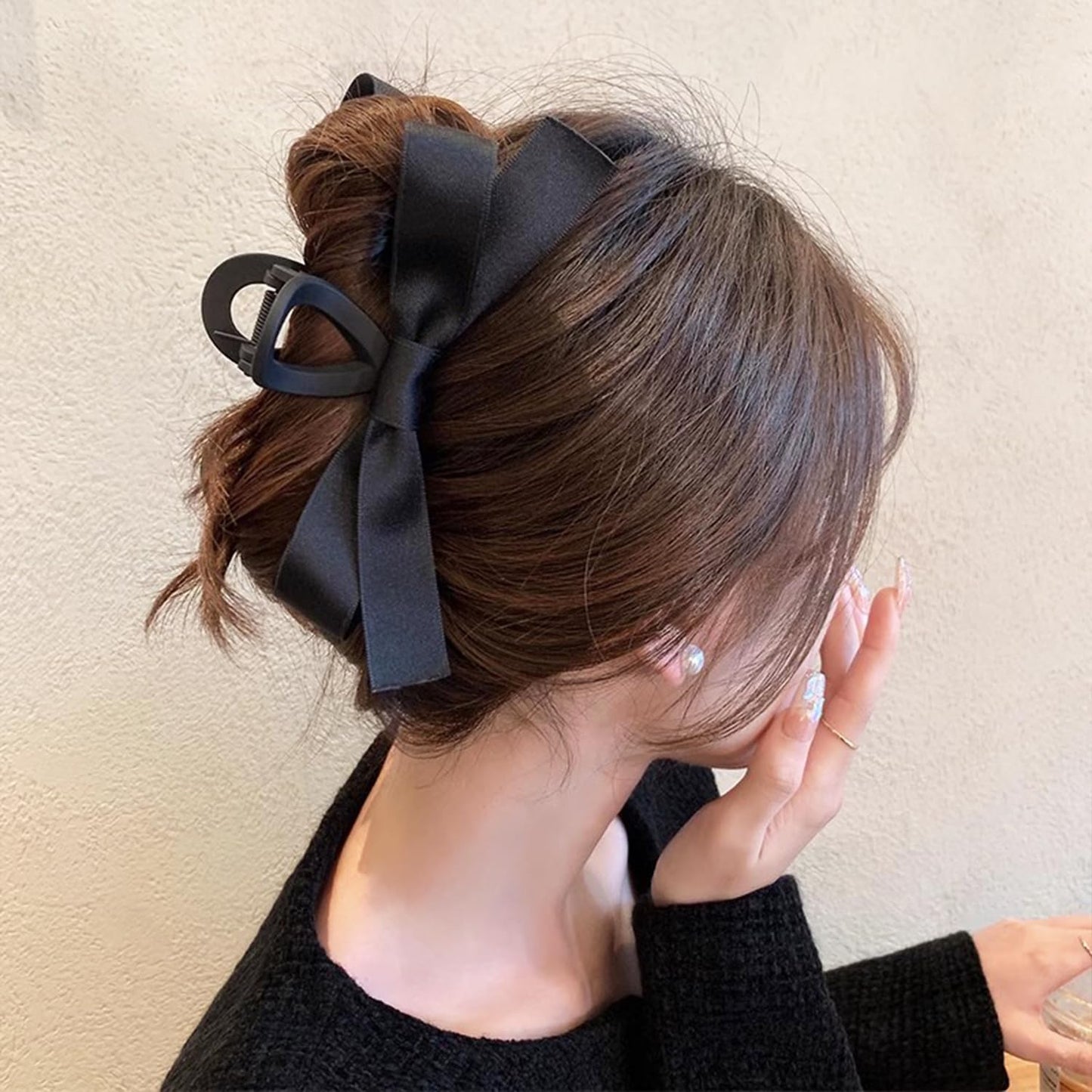 Bow Hair Claw Clip Black Bows Hair Claws Barrette for Thick Thin Hair,Silky Satin Bow Knot Non Slip Claws Clamps Large Bow Hair Barrettes Accessories for Women and Girls (Black(matte)-2pcs)