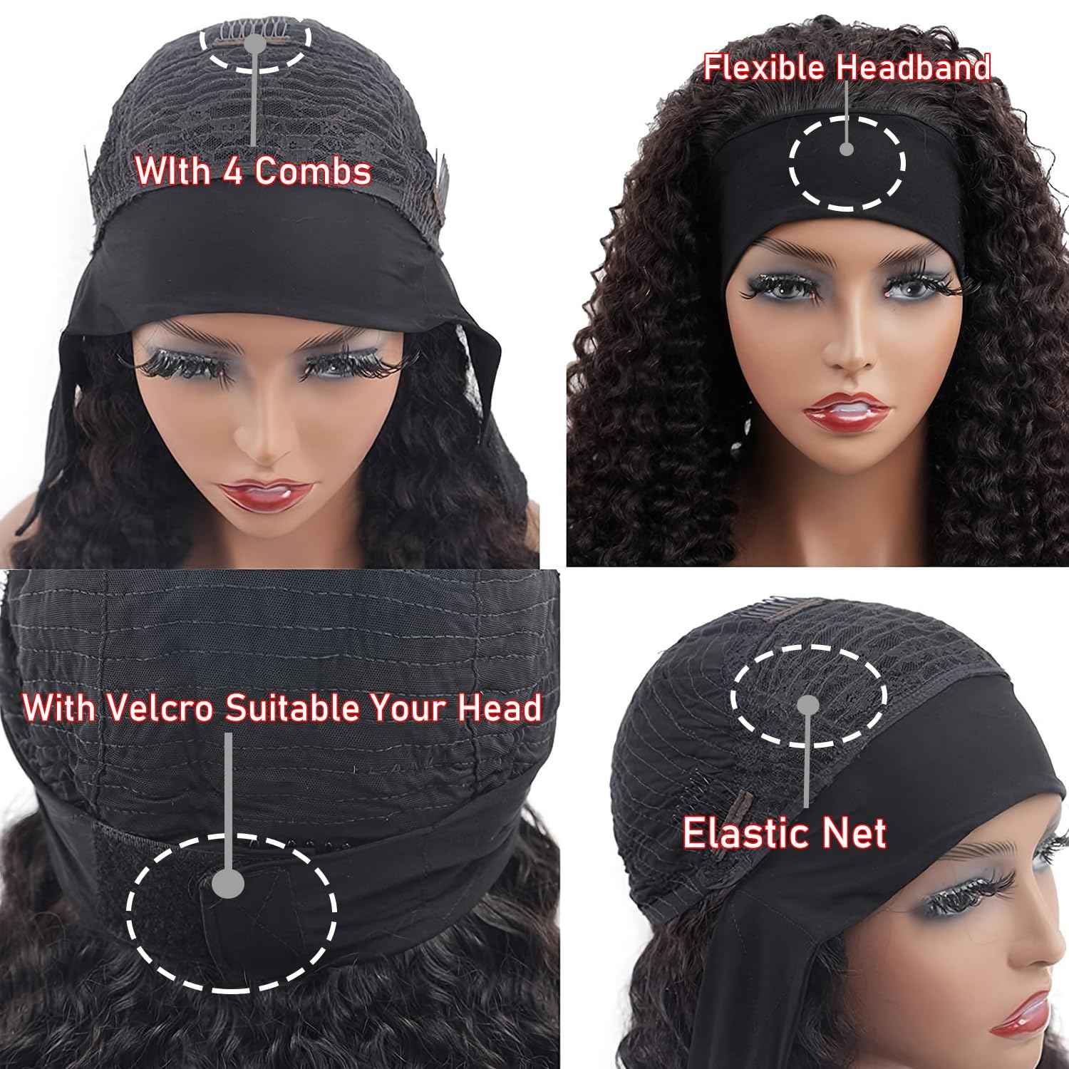 Coshgirl Headband Wig Human Hair Kinky Curly for Black Women Curly Headband Wig Human Hair Machine Made Glueless None Lace Front Wigs Brazilian Virgin Wig Natural Color 150% Density 12Inch