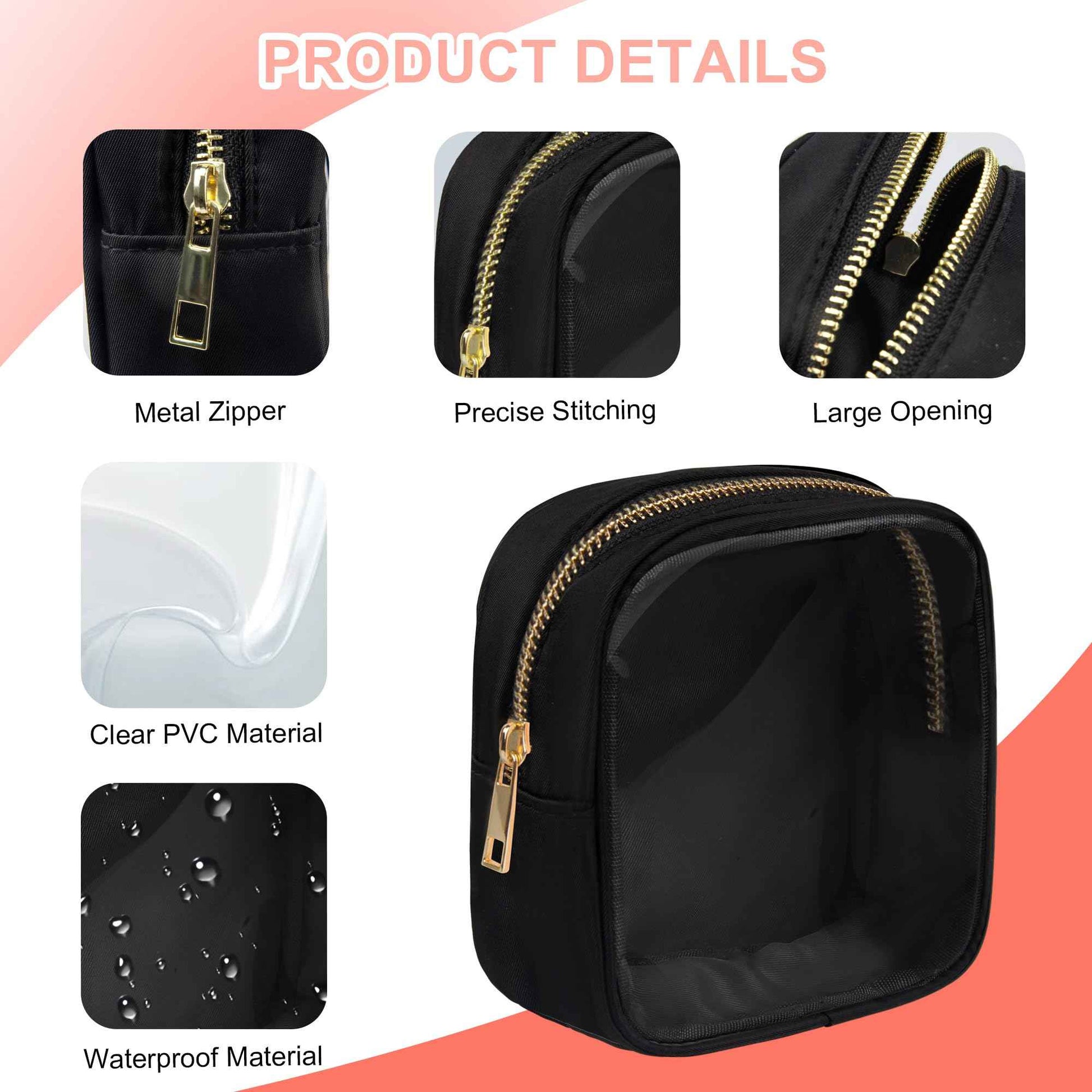 Ebbniur Clear Makeup Bag for Purse 2 Pcs Small Nylon Zipper Pouch Mini Travel Cosmetic Bag Clear Toiletry Bags for Traveling Cute Makeup Organizer for Women (2pcs black clear)