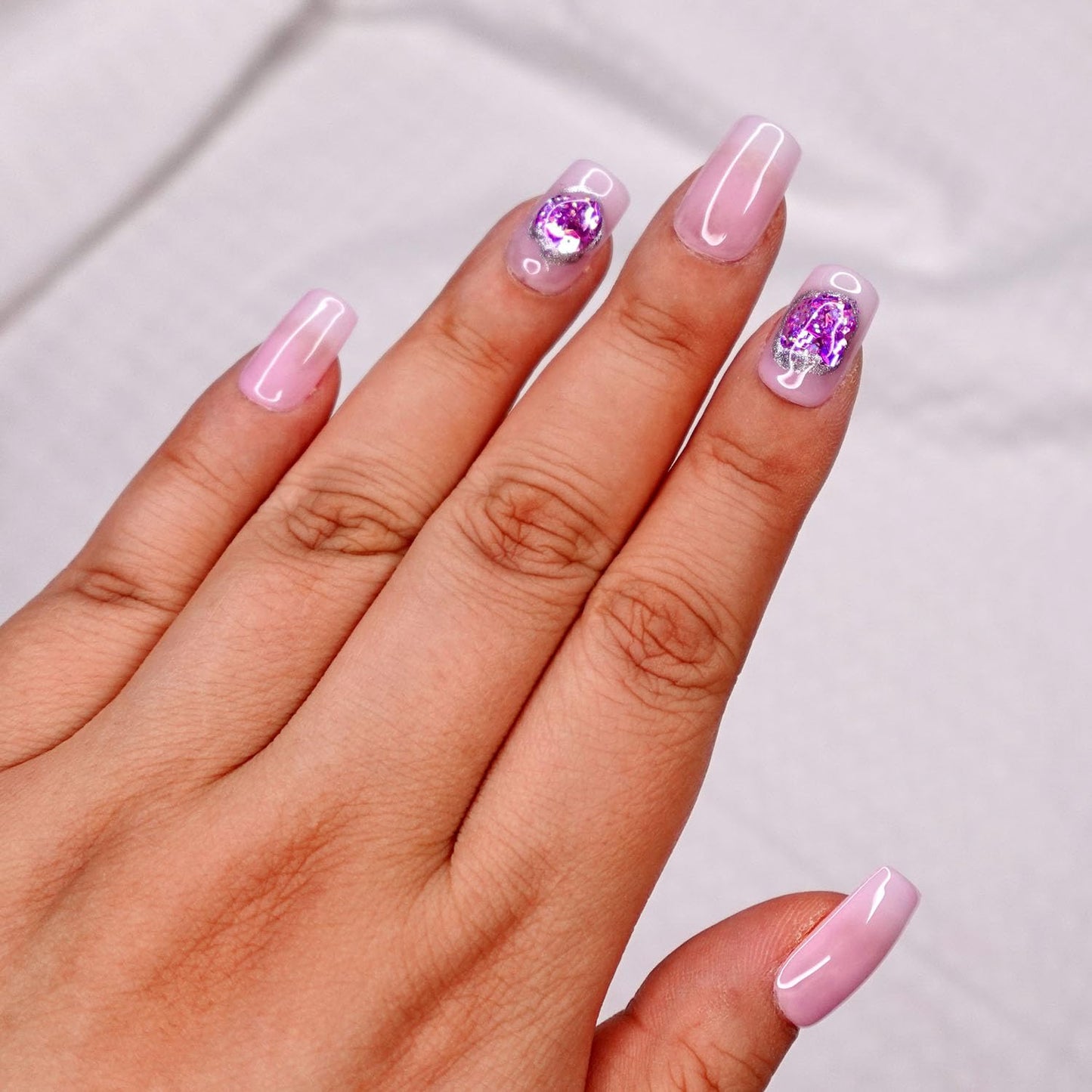 10 Pcs Handmade Press on Nails (Small, Pink Lake - Jelly Pink with Light Purple Gem Design/Short Square) A122S