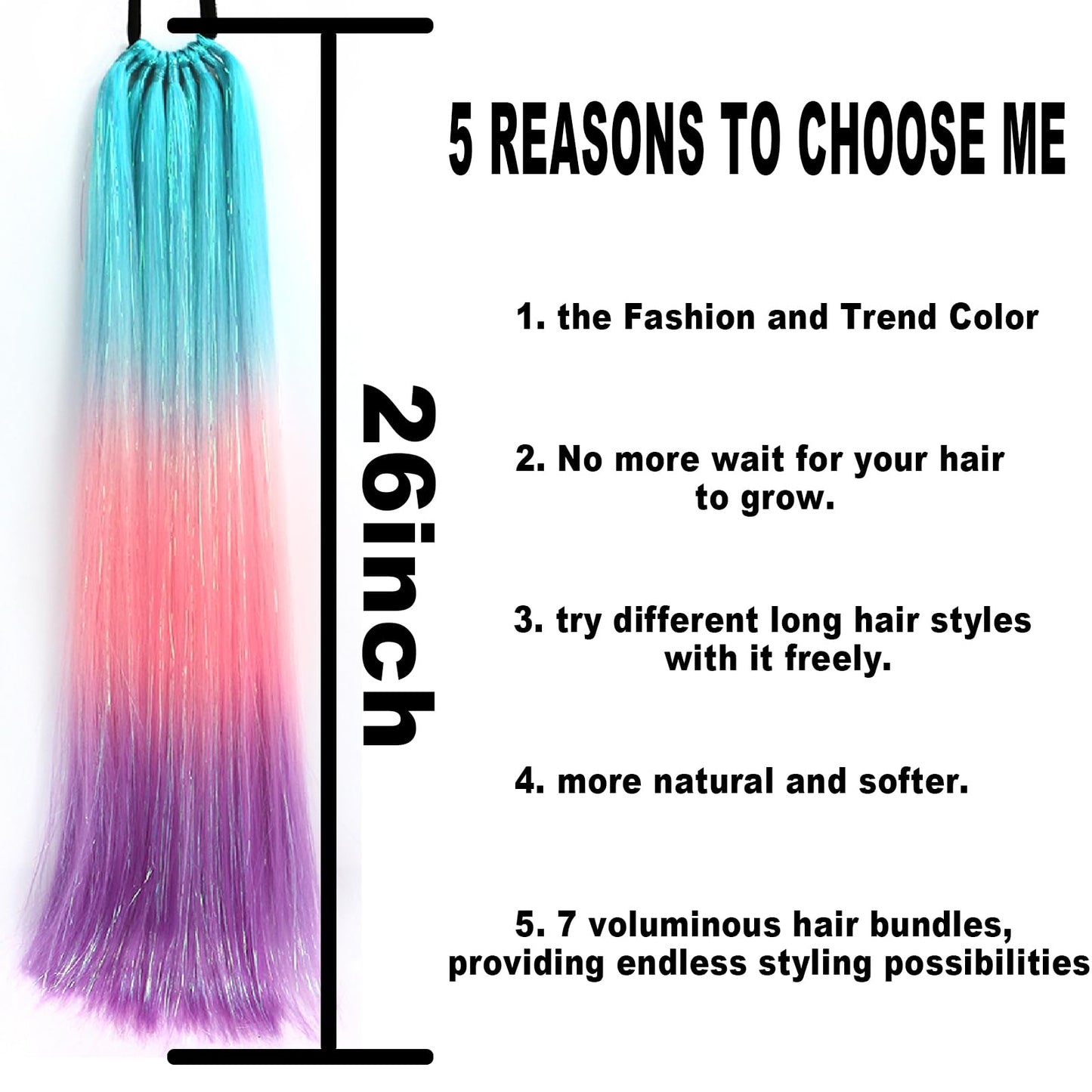 Accrue Colored Hair Extensions for Kids, 26 inch Ponytail Extension With Hair Tie, Ombre Braid Ponytail with Tinsel for Braids Rainbow Festival Party Rave Crazy Hair Day(26" Blue/Pink/Purple#3-2)