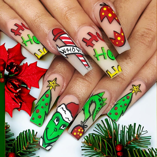 Christmas Press on Nails Long Coffin Fake Nails Cute Cartoon Grinchs Stick on Nails False Nails with Designs Acrylic Nails Winter Xmas Glue on Nails Full Cover Holiday Artificial Nails for Women