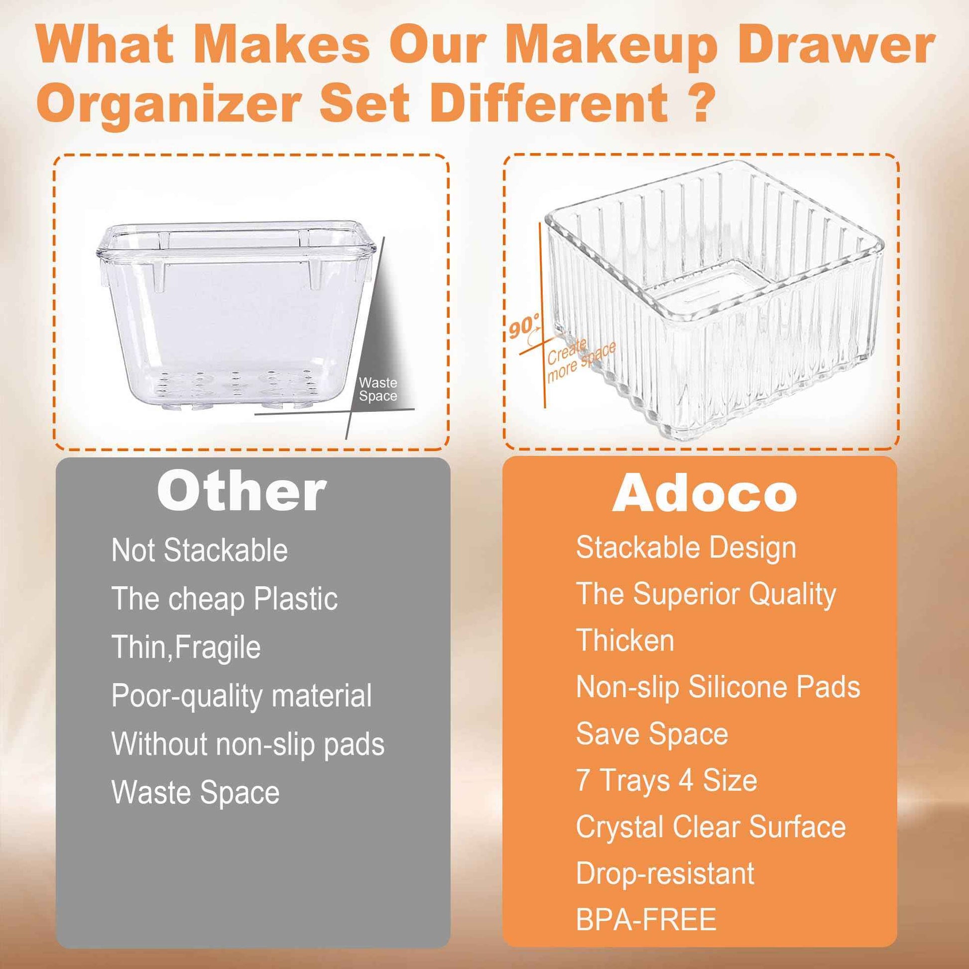 Adoco 7 PCS Clear Drawer Organizers Bins, 4-Size Stackable Makeup Vanity Drawer Organizer Trays, Acrylic Bathroom Drawer Organizer Storage Containers for Cosmetic,Office Supply