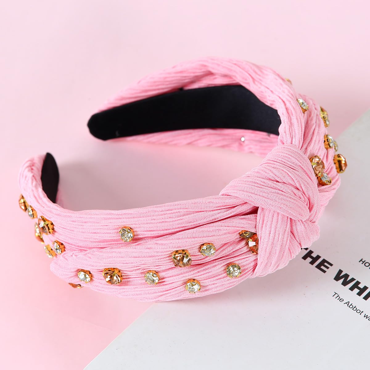 CULHEITE Rhinestone Jeweled Headbands for Girls Pink Wide Pleated Hair band Non-slip Plain Cute Turban Fashion Hair Accessories Gifts