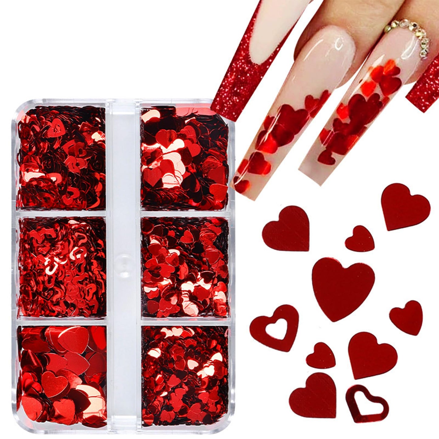 Red Heart Nail Art Glitters for Valentine's Day 3D Holographic Sparkles Heart Shape Nail Glitter Sequins Hollow Love Heart Flakes Sticker Confetti Glitter for Nail Decoration Eye Face Body DIY Crafts