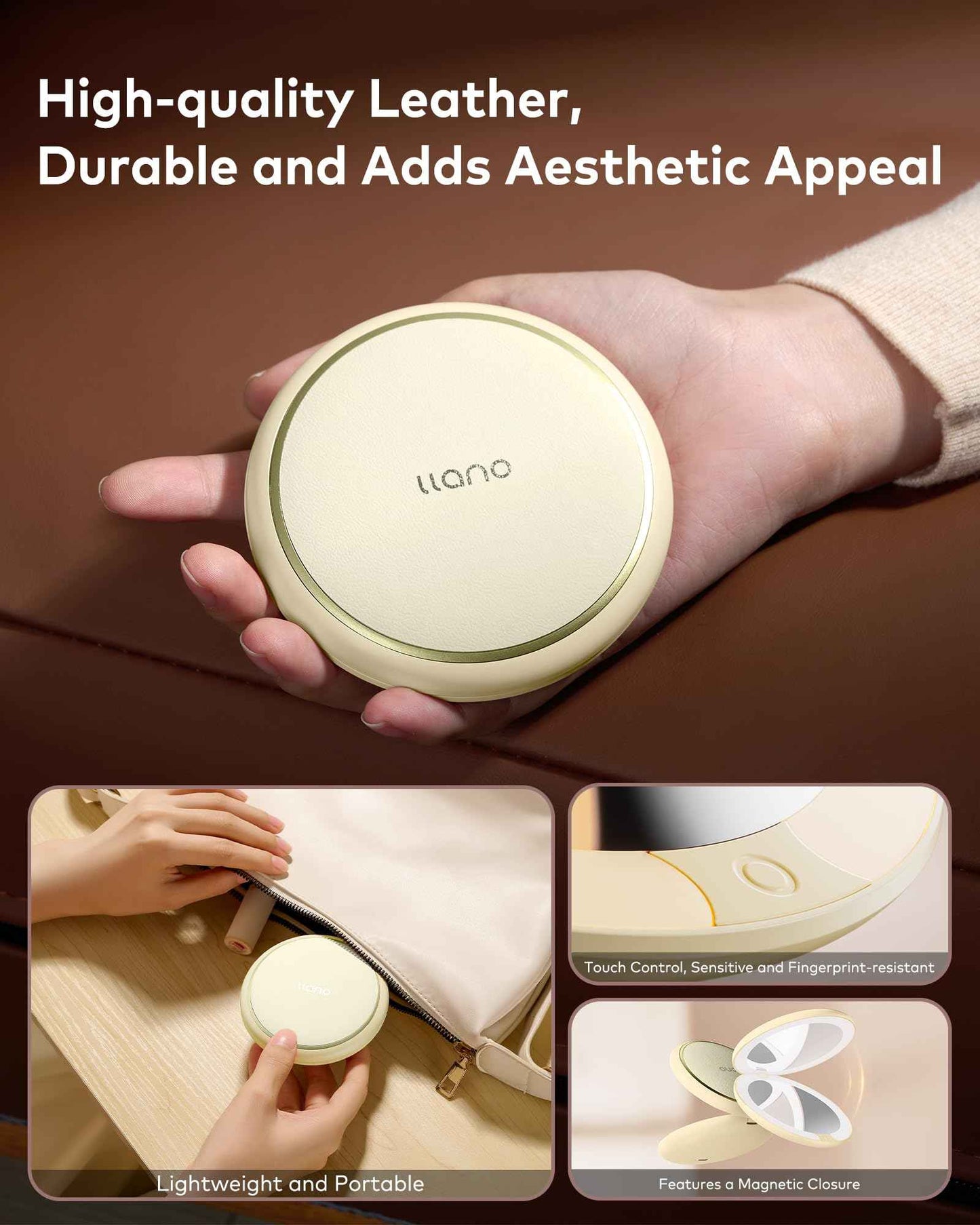 llano Compact Mirror, Lighted Travel Makeup Mirror with 1X/2X Magnifying Double Sided Dimmable Portable Pocket Mirror for Handbag and Pocket,Foldable Compact Mirror 3.6"L x 0.8"W, USB Charging(Yellow)