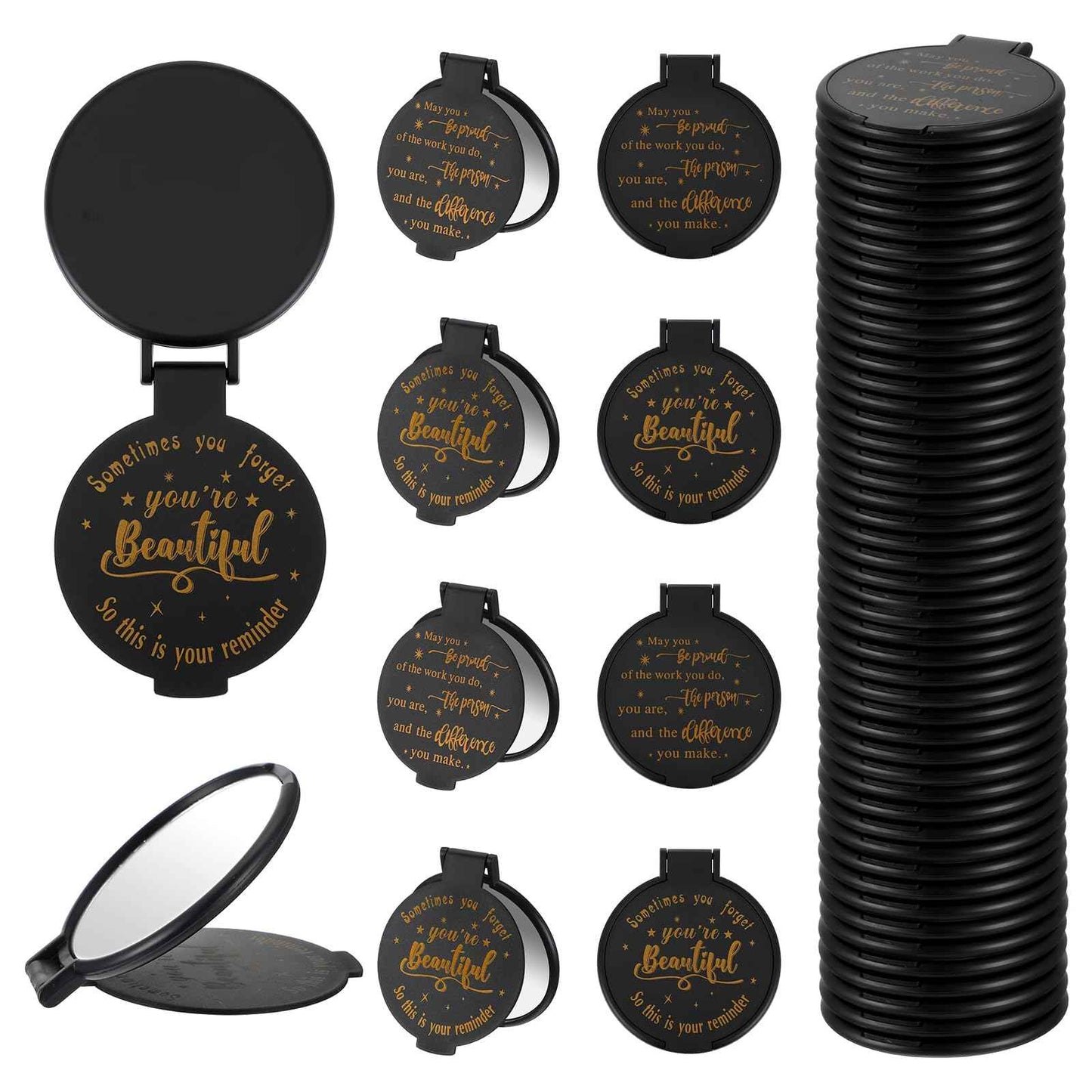100pcs Black Compact Mirror Bulk Gifts for Women, Mini Inspirational Purse Handheld Makeup Pocket Mirror, Round Portable Makeup Folding Mirrors Gift for Christmas Valentine Daily Travel Coworker