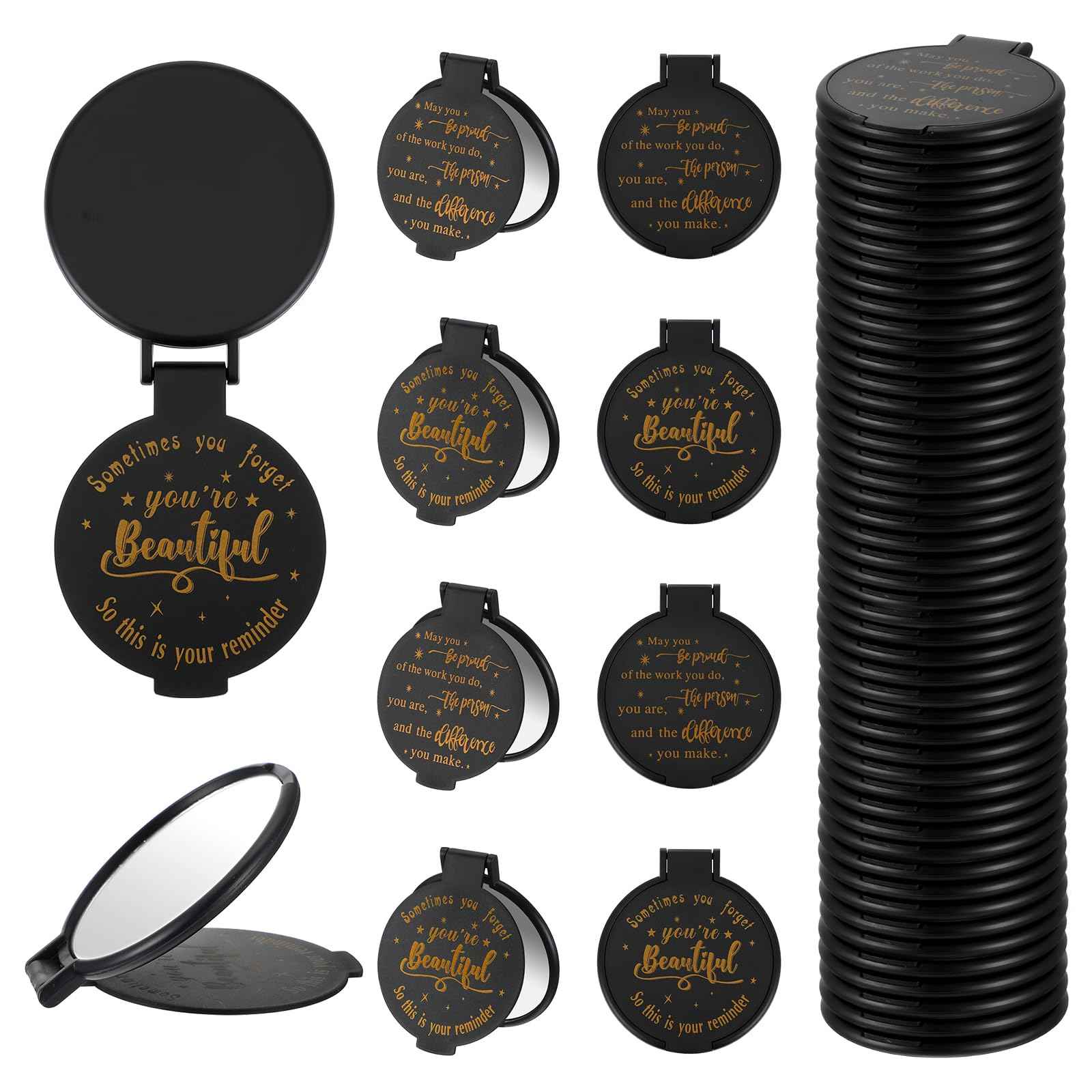 100pcs Black Compact Mirror Bulk Gifts for Women, Mini Inspirational Purse Handheld Makeup Pocket Mirror, Round Portable Makeup Folding Mirrors Gift for Christmas Valentine Daily Travel Coworker