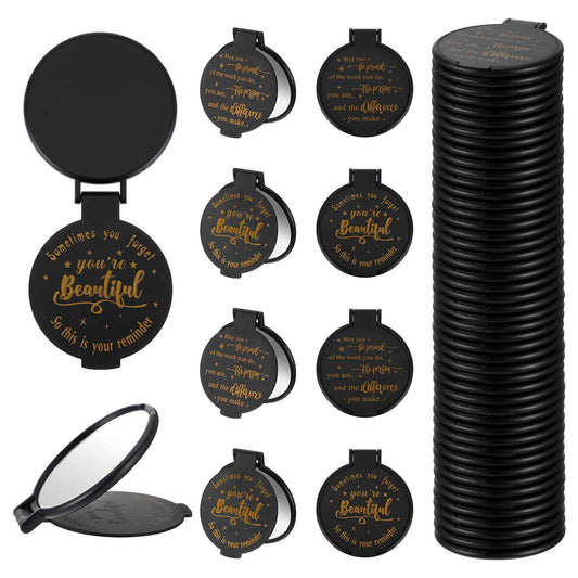 100pcs Black Compact Mirror Bulk Gifts for Women, Mini Inspirational Purse Handheld Makeup Pocket Mirror, Round Portable Makeup Folding Mirrors Gift for Christmas Valentine Daily Travel Coworker