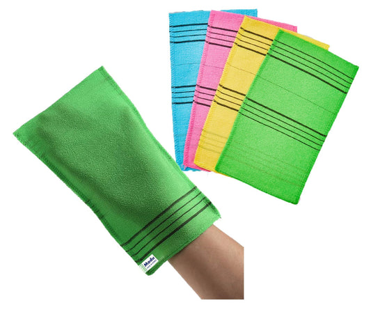 Modu 4 Pcs Korean Exfoliating Mitt Bath Washcloth 9.1 x 6 in - Asian Italy Towel (Large 4Pcs Green Skyblue Pink Yellow)