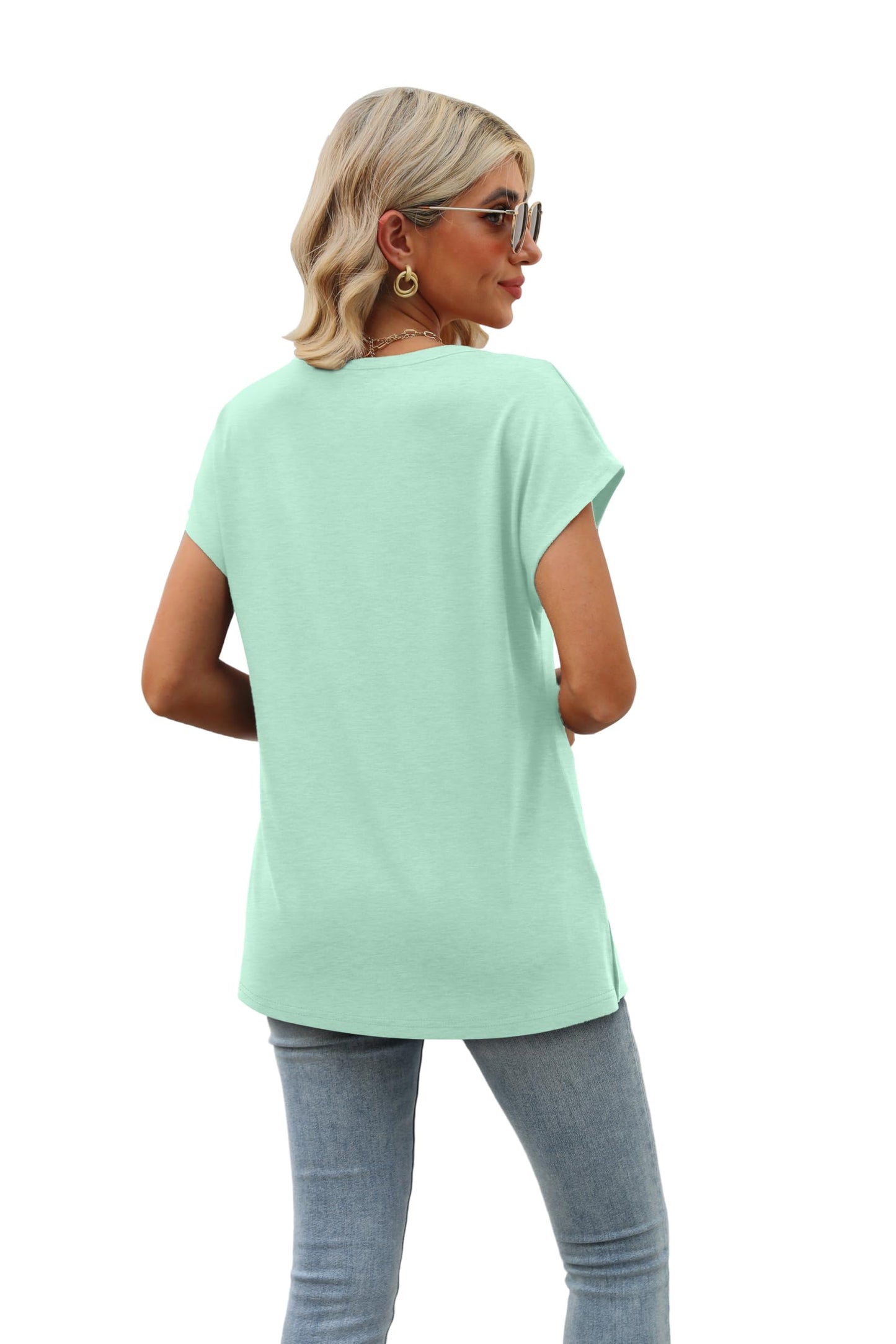 Womens Short Sleeve 2024 Summer Tops Trendy Tank Tops V Neck Loose Fit Shirts Lake Green S