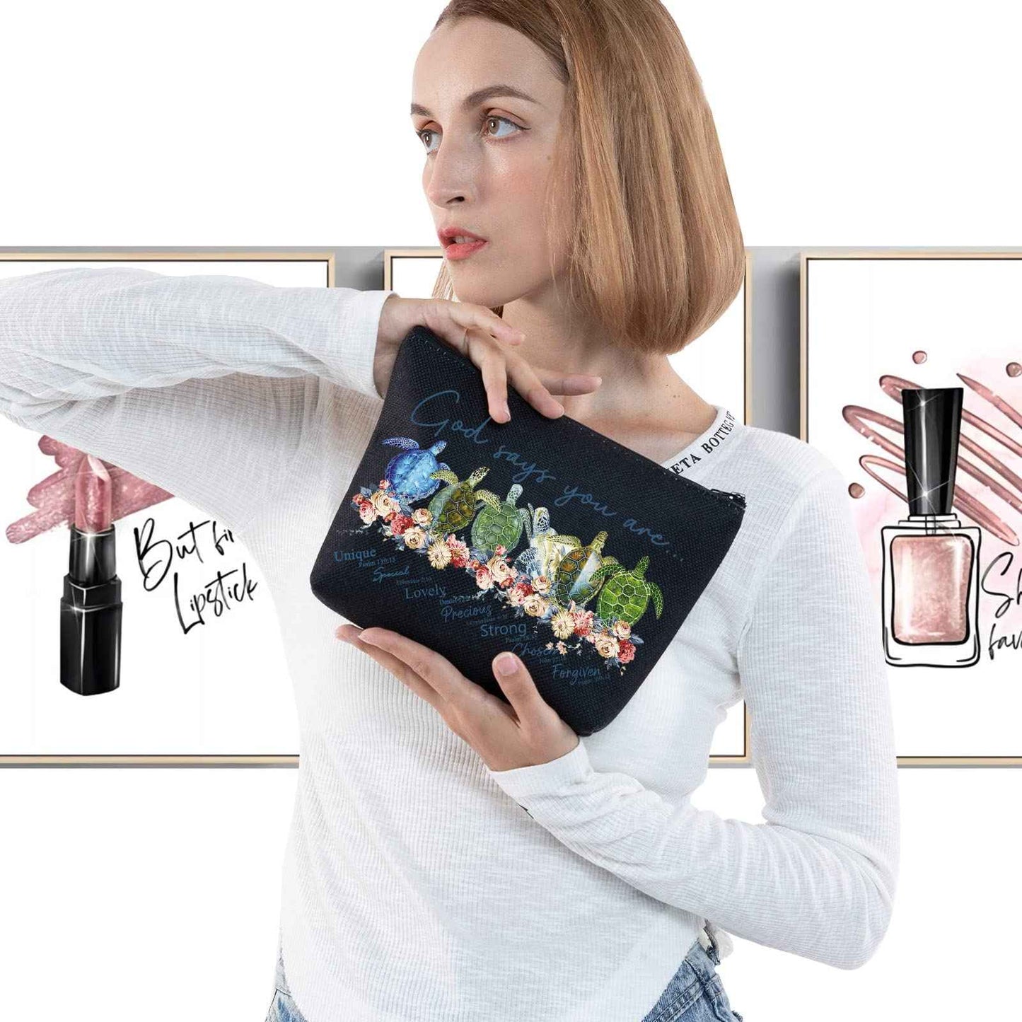 LEVLO Sea Turtle Cosmetic Make Up Bag Turtle Lover Gift God Says You Are Unique Special Lovely Chosen Forgiven Makeup Zipper Pouch Bag(God Says Turtle Black)