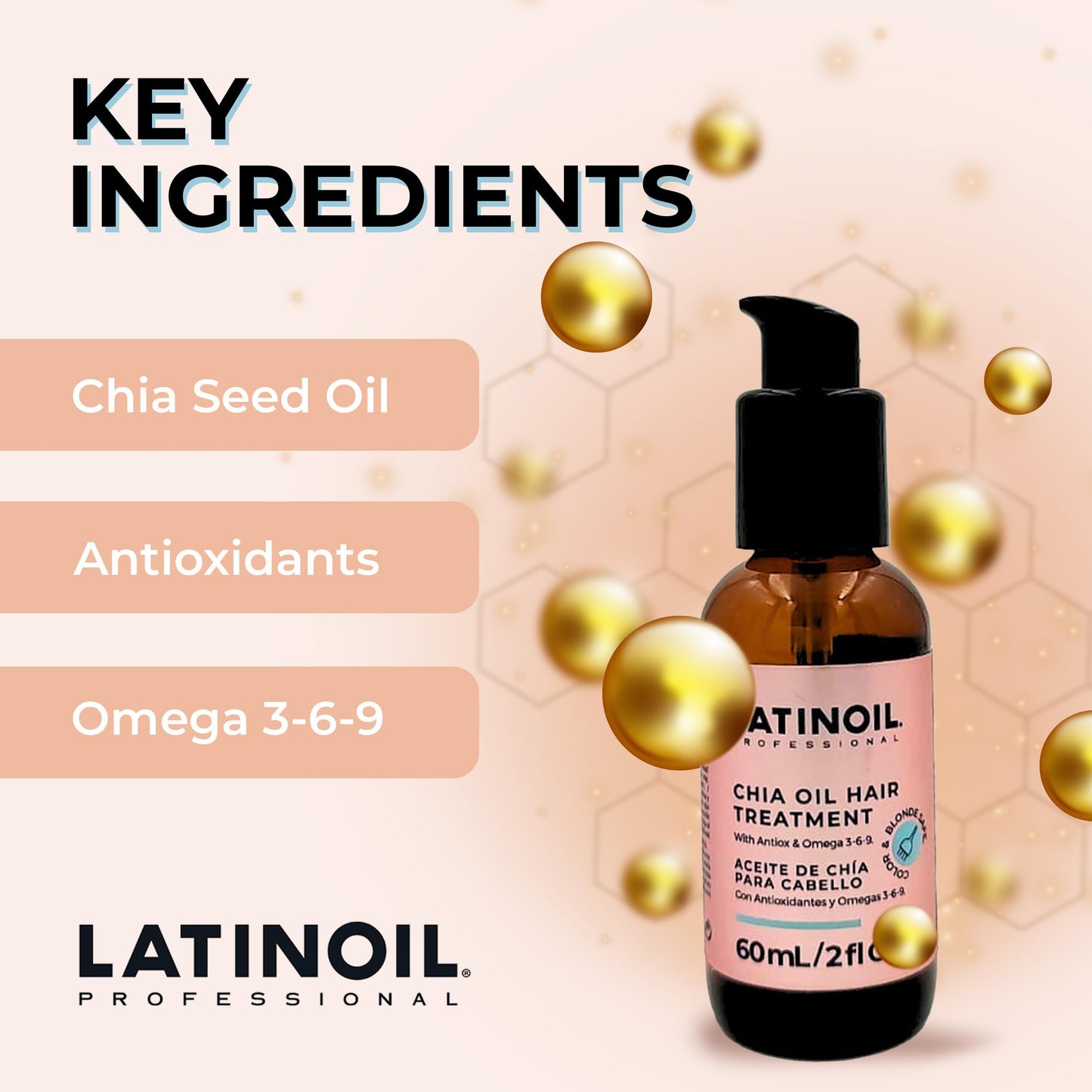 LATINOIL Chia Oil 2 oz / 60 ml - Instant Repair For Damaged Hair - Eliminates Frizz, Dryness - Adds Silkiness - Absorbs Fully & Quickly - Color Safe - Read our REAL Reviews