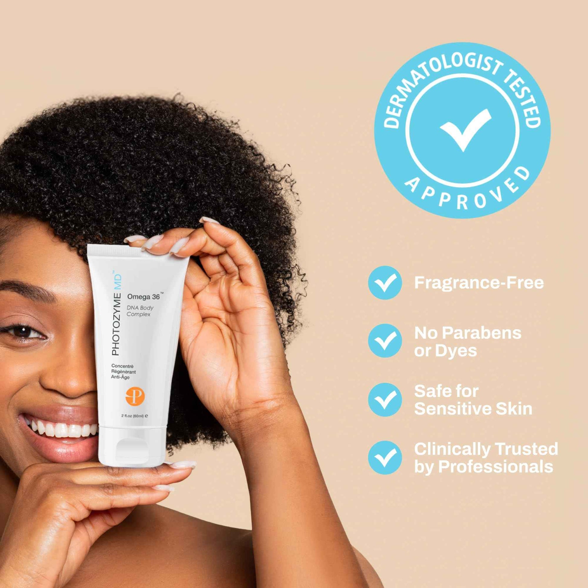 Photozyme Omega 36 Body Complex – Anti-Aging Body Cream with Omega 3,6, Ceramides & DNA Repair Enzymes – Hydrating, Firming, Nourishing, Fragrance Free, Unscented – 2 fl oz