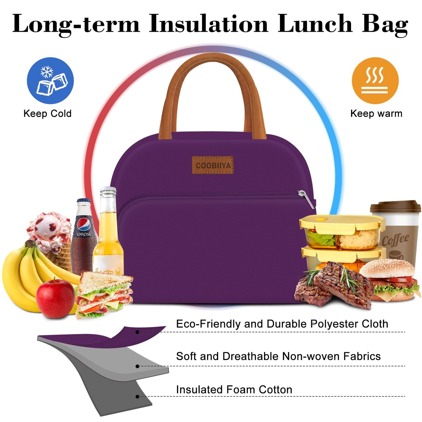 Coobiiya Lunch Bag Women, Lunch Box Lunch Bag for Women Adult Men, Small Leakproof Cute Lunch Tote Large Capacity Reusable Insulated Cooler Lunch Container for Work/Office/Picnic/Travel-Purple