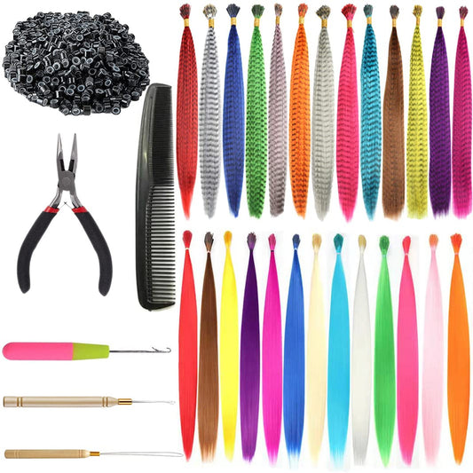 XIAO TAO ZI 13Pcs Synthetic Rainbow Hair Extensions 13Pcs Feather Hair Extensions 50 Pcs Silicone Beads 1 Pcs Pliers 3Pcs Crochet Hooks 1 Pcs Comb Hair Tools Kit (13 Feather Hair+13 Rainbow Hair)