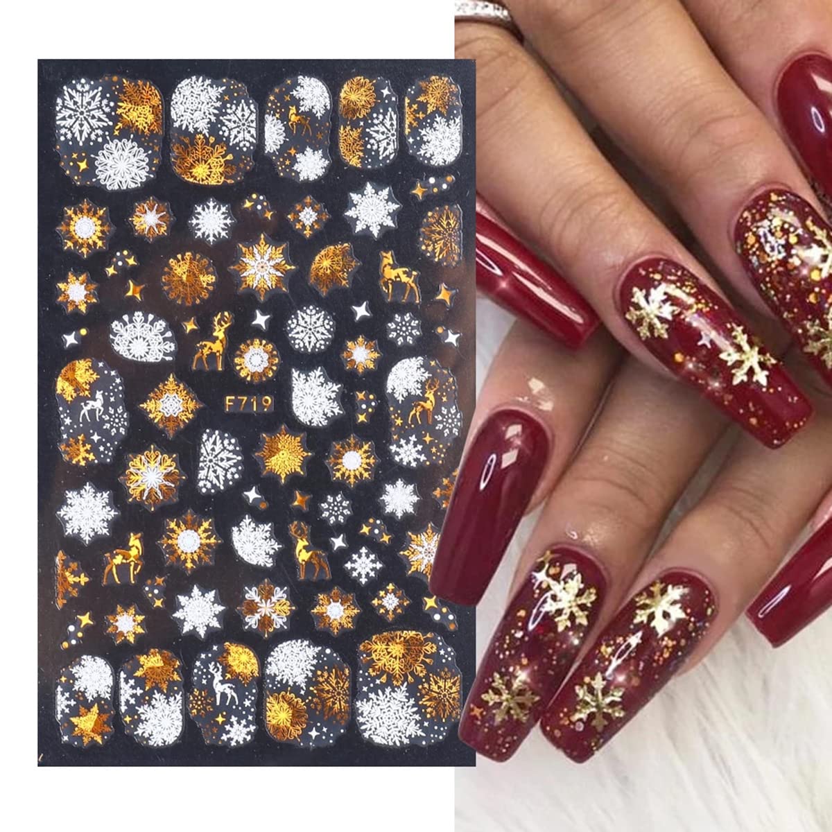 8 Sheets Gold Snowflake Nail Art Stickers Christmas Nail Decals 3D Self-Adhesive Winter Nail Supplies Xmas Snowflake Nail Stickers Bronzing Designs Holiday Nail Charms for Women Girls Nail Decorations