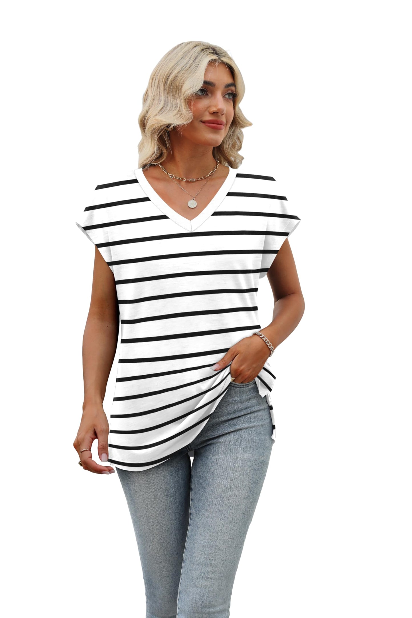 Black and White Striped Shirt Women Short Sleeve 2024 Summer Tops Trendy V Neck Loose Fit Shirts S