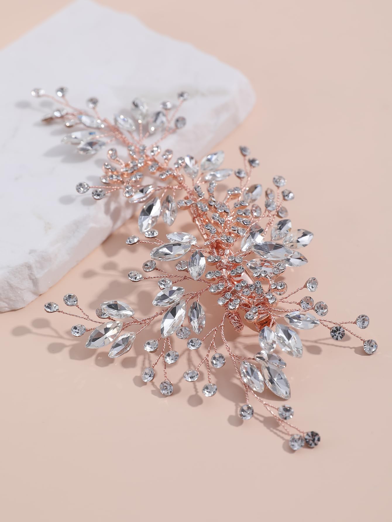 Flower Bridal Hair Combs Pearl Crystal Bride Wedding Hair Accessories Rhinestone Hair Piece Headpieces for Bride Bridesmaid Wedding Women and Girls (J6383 Rose Gold)