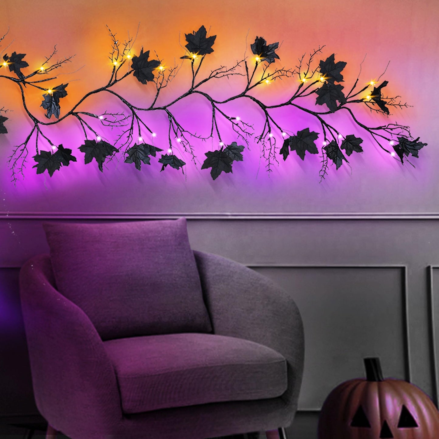 [ 8 Modes & Timer] 6 Ft Halloween Maple Leaf Willow Vine Garland Decorations Clearance with 54 LED Orange & Purple Lights, Battery Operated Waterproof Halloween Decor for Home, Indoor, Wall, Fireplace