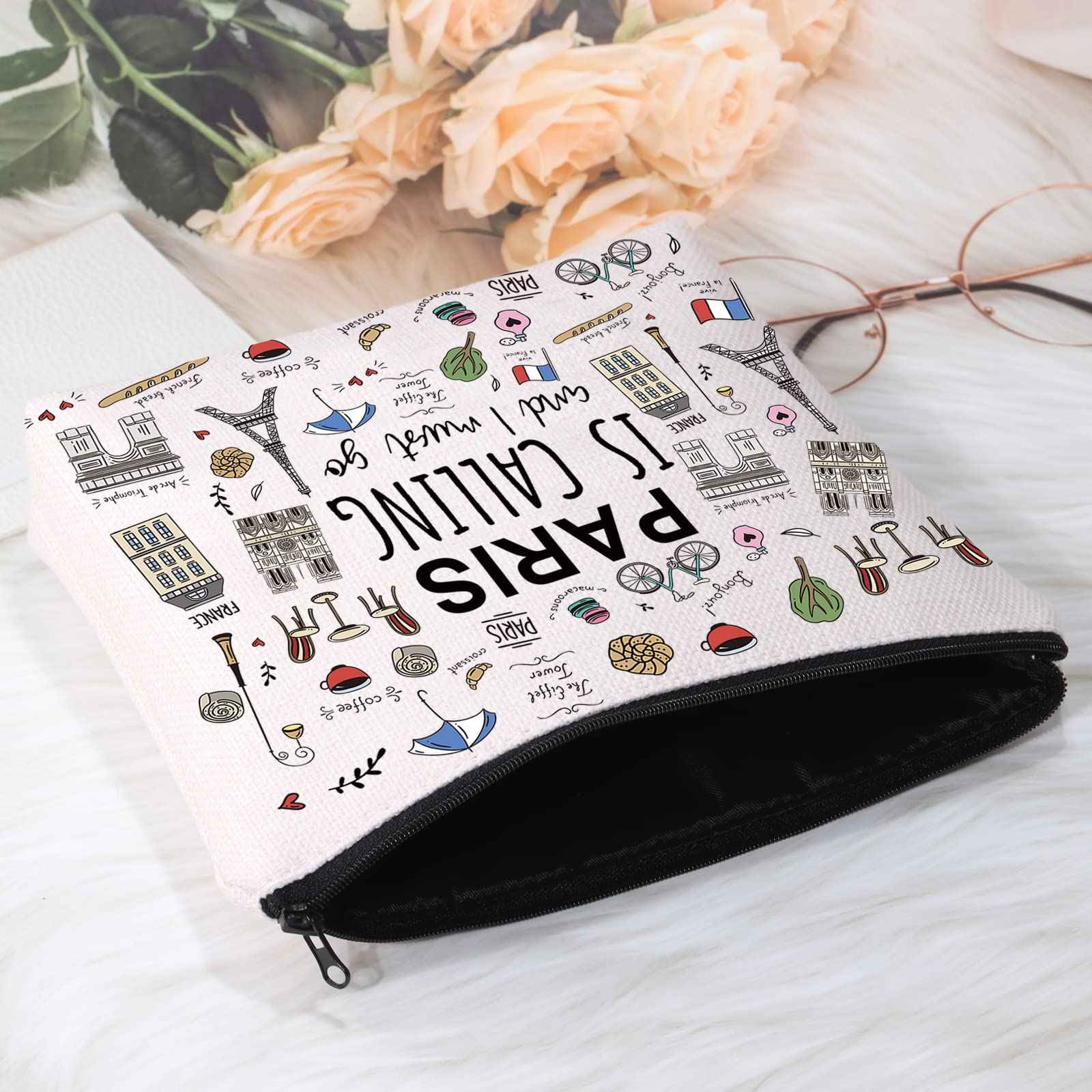 POFULL Paris Themed Gifts Paris Is Calling And I Must Go Cosmetic Bag Paris Lover Gift (Paris Is Calling Cosmetic Bag)
