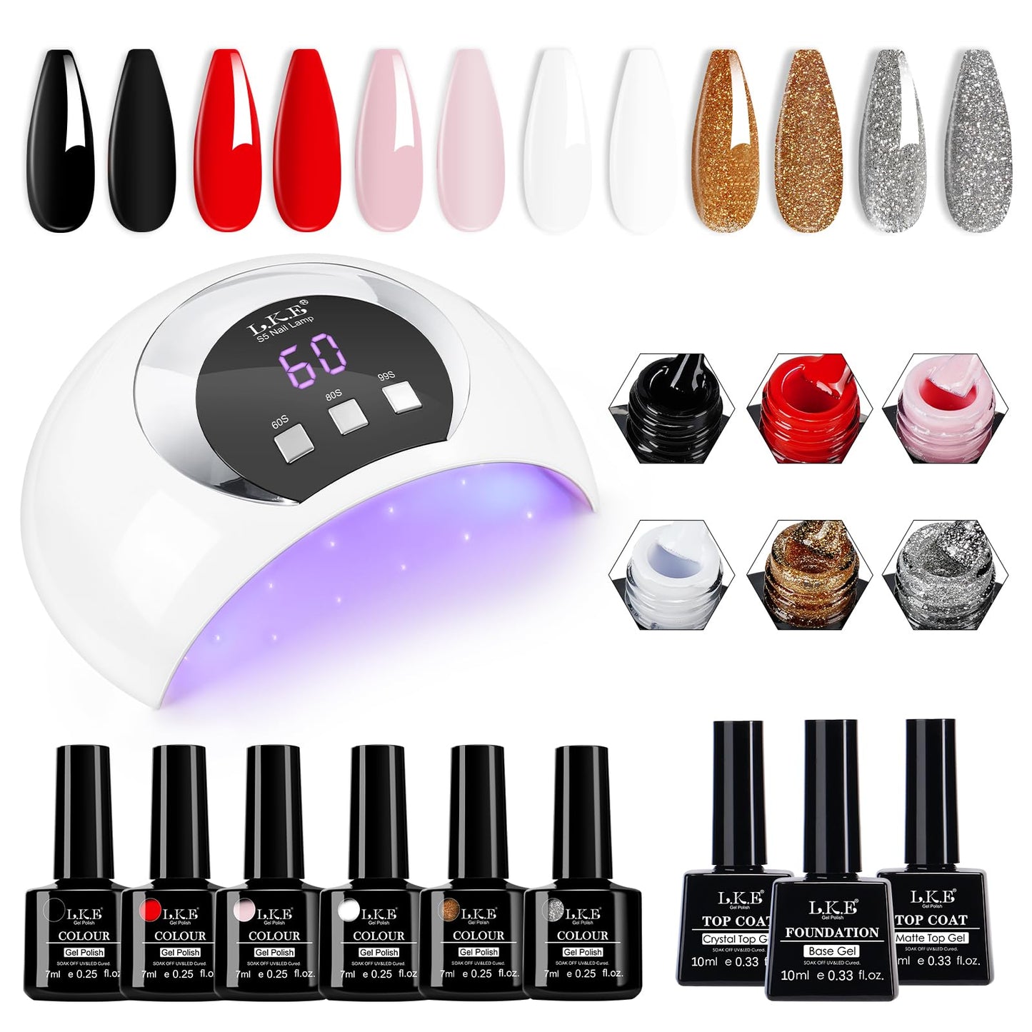 LKE Gel Nail Polish Kit with U V Light 54W Nail Lamp 6 Colors White Black Red Pink Gold Silver Glitter Shimmer Gel Polish Set Glossy Matte Gel Top Base Coat Gel Nail Kit Nail Art DIY Manicure Tools