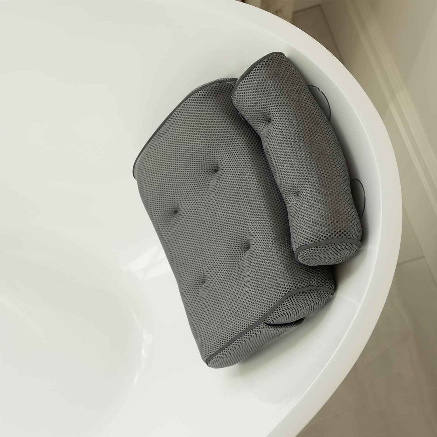 SunSerenity Luxury Bath Pillow for Tub - Relaxing Bath Tub Accessory – Bath Tub Pillow for Head and Back, Unscented Candle, Sponge Loofah, Laundry Bag, & Suction Tool – Grey on Grey