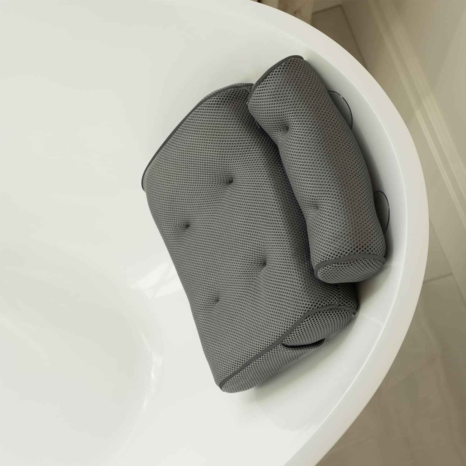 SunSerenity Luxury Bath Pillow for Tub - Relaxing Bath Tub Accessory – Bath Tub Pillow for Head and Back, Unscented Candle, Sponge Loofah, Laundry Bag, & Suction Tool – Grey on Grey
