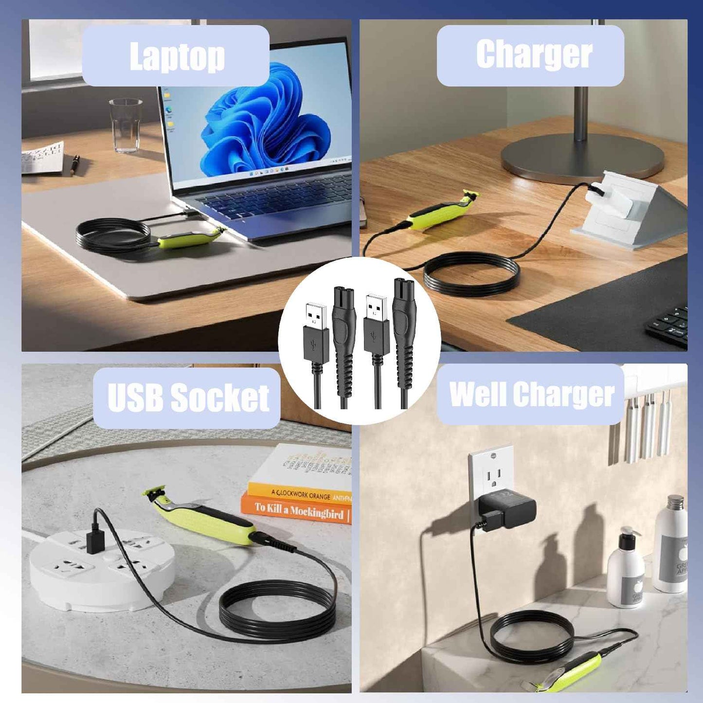 AZJCKEW 5V USB Charger Cable Compatible with for Philips Norelco One Blade 360 Newer Model QP2834 QP2724 MG9525 MG9510 QP1324 QP1424 QP1924 QP4530 One Blade Series Electric Shaver Razor, Brush+2-Pack