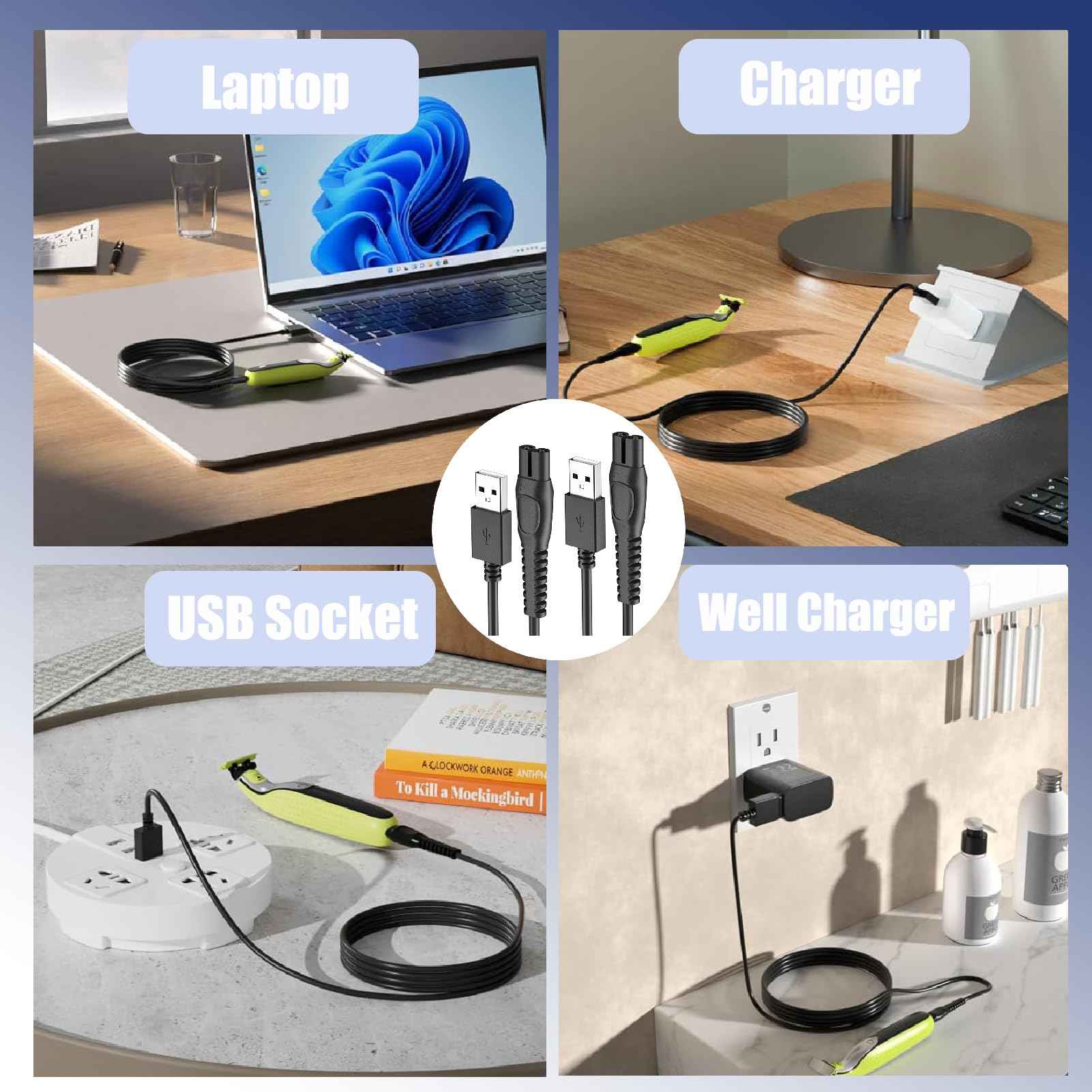 AZJCKEW 5V USB Charger Cable Compatible with for Philips Norelco One Blade 360 Newer Model QP2834 QP2724 MG9525 MG9510 QP1324 QP1424 QP1924 QP4530 One Blade Series Electric Shaver Razor, Brush+2-Pack