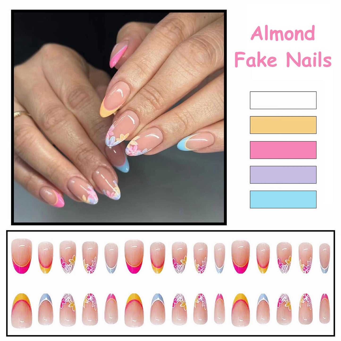 MISUD Press on Nails Medium Almond Fake Nails Glossy Glue on Nails Colorful French Tip Acrylic Nails Stiletto Artificial Nails Summer Cute Flower Stick on False Nails with Design 30pcs