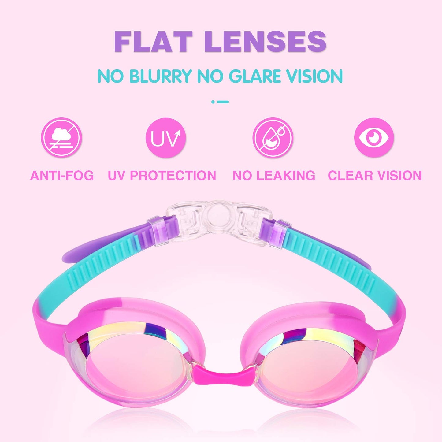 Keary Kids Swim Goggles Swimming Goggles for Toddler Children Girls Boys Youth, Anti-Fog Waterproof UV Protection Clear Vision Mirror Flat Lens Water Pool Goggles with 3 Nose Piece, Pink Kids Goggles