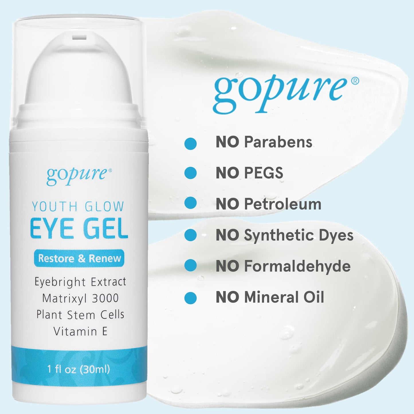 goPure Youth Glow Eye Gel - Anti-Aging Eye Cream that Soothes and Hydrates, Made with Matrixyl 3000 and Hyaluronic Acid for Improve the Look of Puffiness, Dark Circles, and Under Eye Bags - 1 fl oz