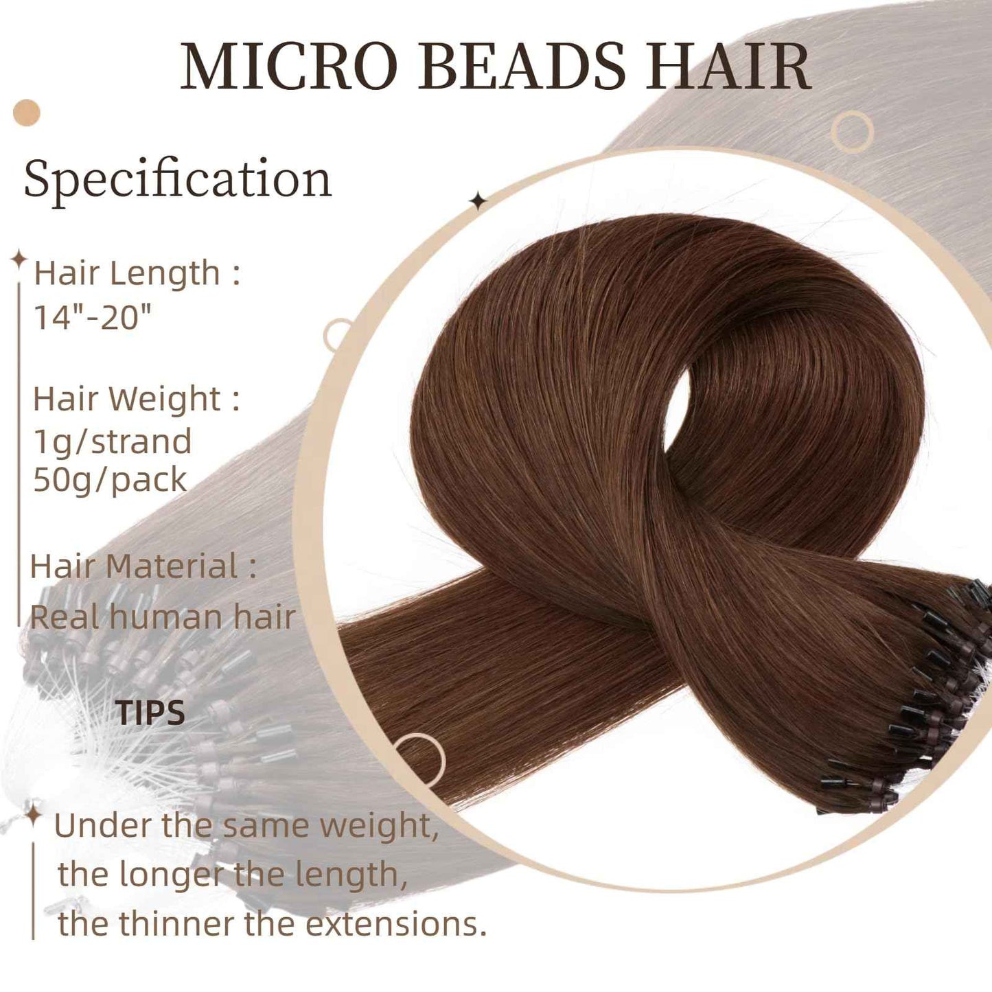 Microlink Hair Extensions Human Hair Brown Bead Hair Micro Beads Hair Extensions 16" Remy Hair Extension 1g/s 50g #4 Micro Loop Hair Extension for Women