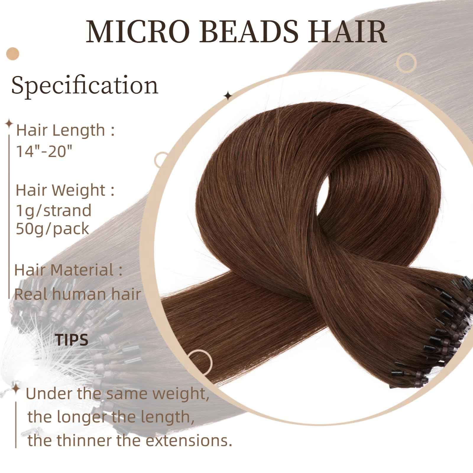 Microlink Hair Extensions Human Hair Brown Bead Hair Micro Beads Hair Extensions 16" Remy Hair Extension 1g/s 50g #4 Micro Loop Hair Extension for Women