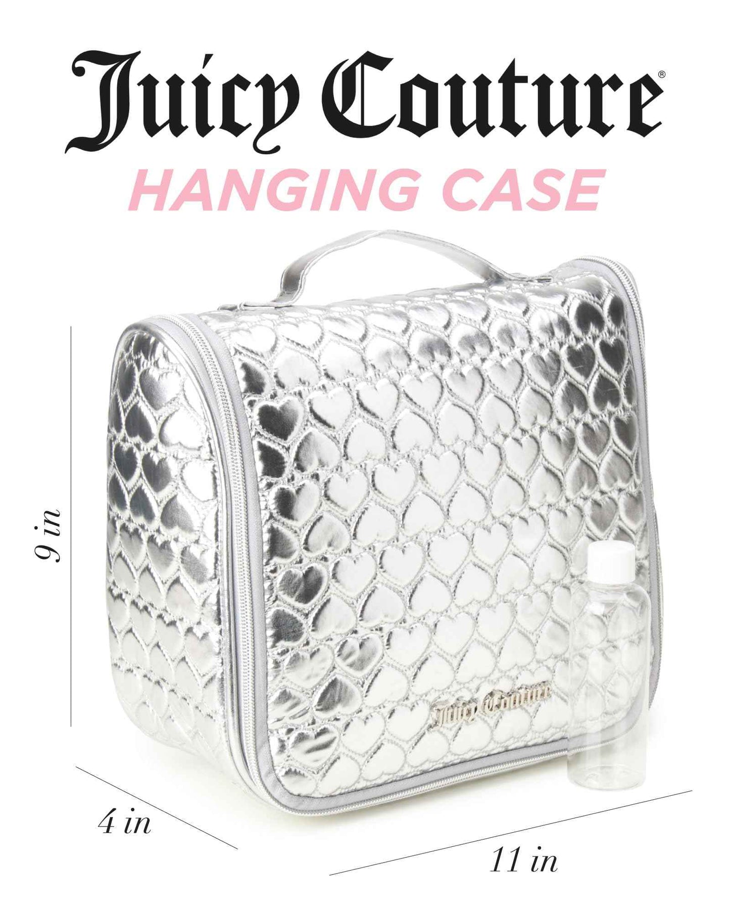 Juicy Couture Silver Makeup Bag Cosmetics Organizer Travel Essentials Hanging Hook Shiny Puffer Heart