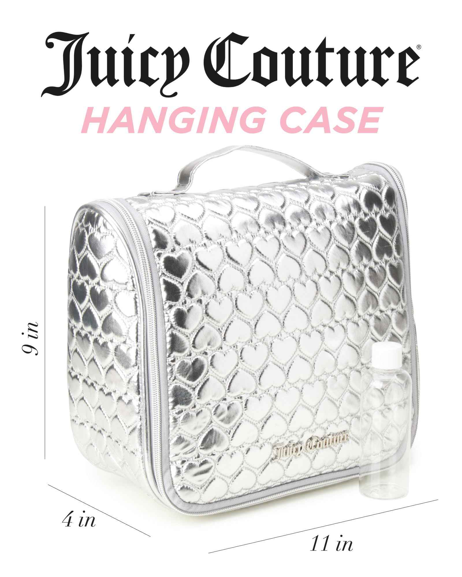 Juicy Couture Silver Makeup Bag Cosmetics Organizer Travel Essentials Hanging Hook Shiny Puffer Heart