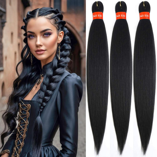 Black Pre Stretched Braiding Hair 30 Inch Box Braid Hair Extensions 3 Packs Yaki Texture Pre Feathered Braids Hair Easy to Use for Any Occasions