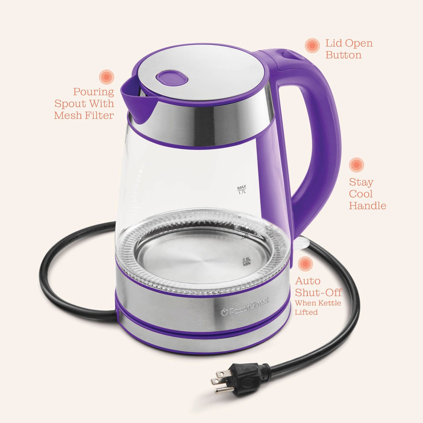 Speed-Boil Electric Kettle - 1.7L Water Boiler 1500W, Coffee & Tea Kettle Borosilicate Glass, Easy Clean Wide Opening, Auto Shut-Off, Cool Touch Handle, LED Light. 360° Rotation, Boil Dry Protection