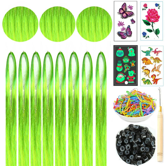 Hair Tinsel Kit with Tools 8pcs 1760 Strands Bright Green Heat Resistant Tinsel Hair Extensions for Women Kids Girls Sparkling Shiny Glitter Fairy Hair for New Year Christmas Halloween Cosplay Party