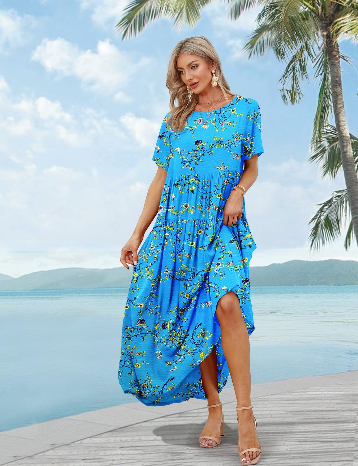 YESNO Women Casual Loose Bohemian Floral Dress with Pockets Short Sleeve Long Maxi Summer Beach Swing Dress S EJF CR44 Blue/Yellow